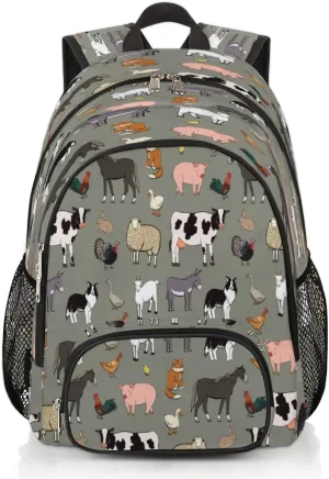 Elementary School Bags for Teens, Cute Cow Kids Backpacks Farm Animals Rooster Cow Lightweight Bookbags Waterproof Sturdy Schoolbag Daypack for Girls Boys
