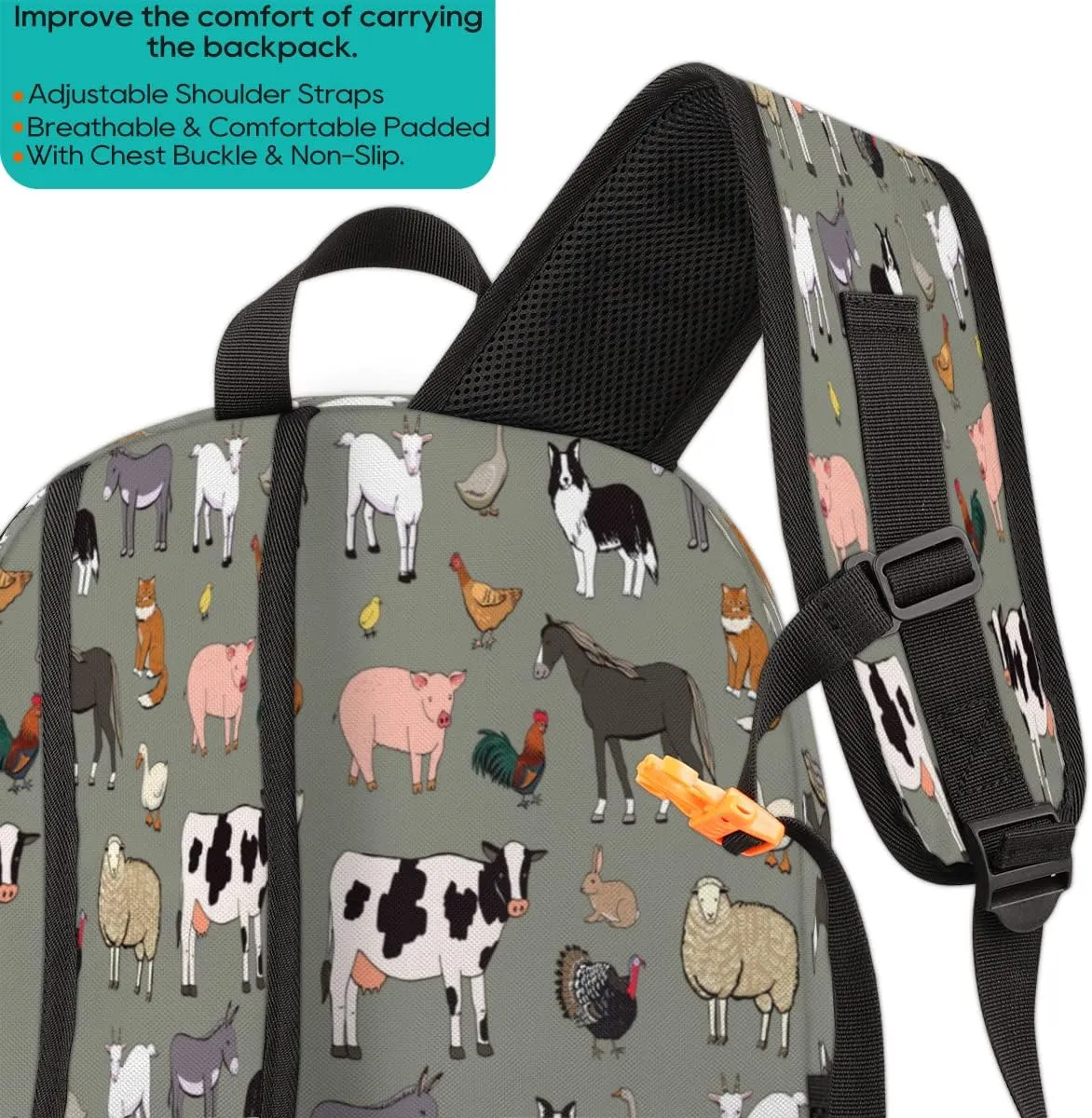 Elementary School Bags for Teens, Cute Cow Kids Backpacks Farm Animals Rooster Cow Lightweight Bookbags Waterproof Sturdy Schoolbag Daypack for Girls Boys