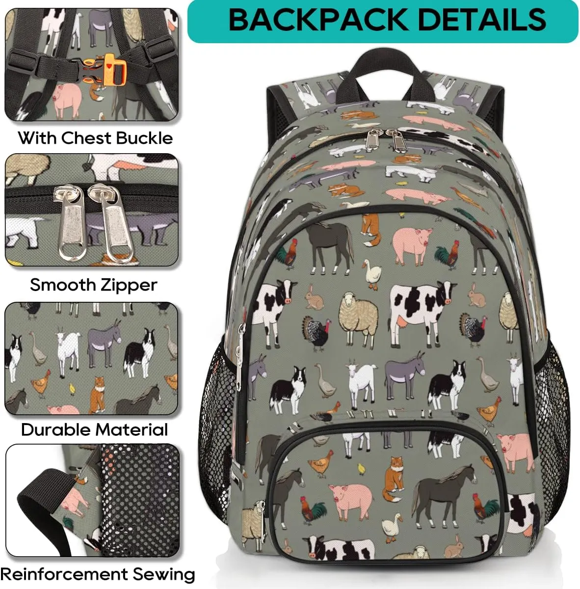 Elementary School Bags for Teens, Cute Cow Kids Backpacks Farm Animals Rooster Cow Lightweight Bookbags Waterproof Sturdy Schoolbag Daypack for Girls Boys