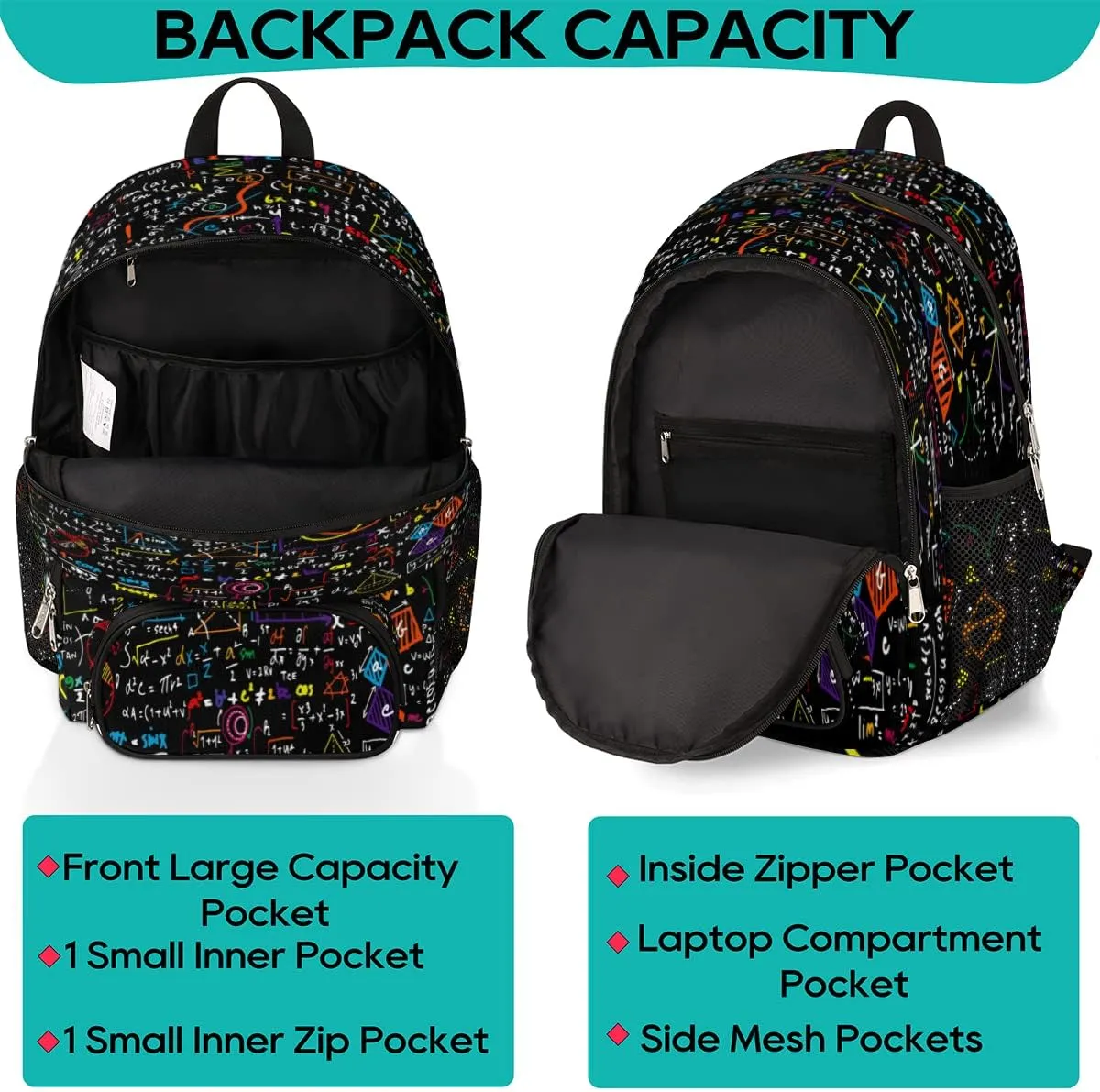 Elementary School Bags for Teens, Mathematical Formula Kids Backpacks Black Math Lightweight Bookbags Waterproof Sturdy Schoolbag Daypack for Girls Boys