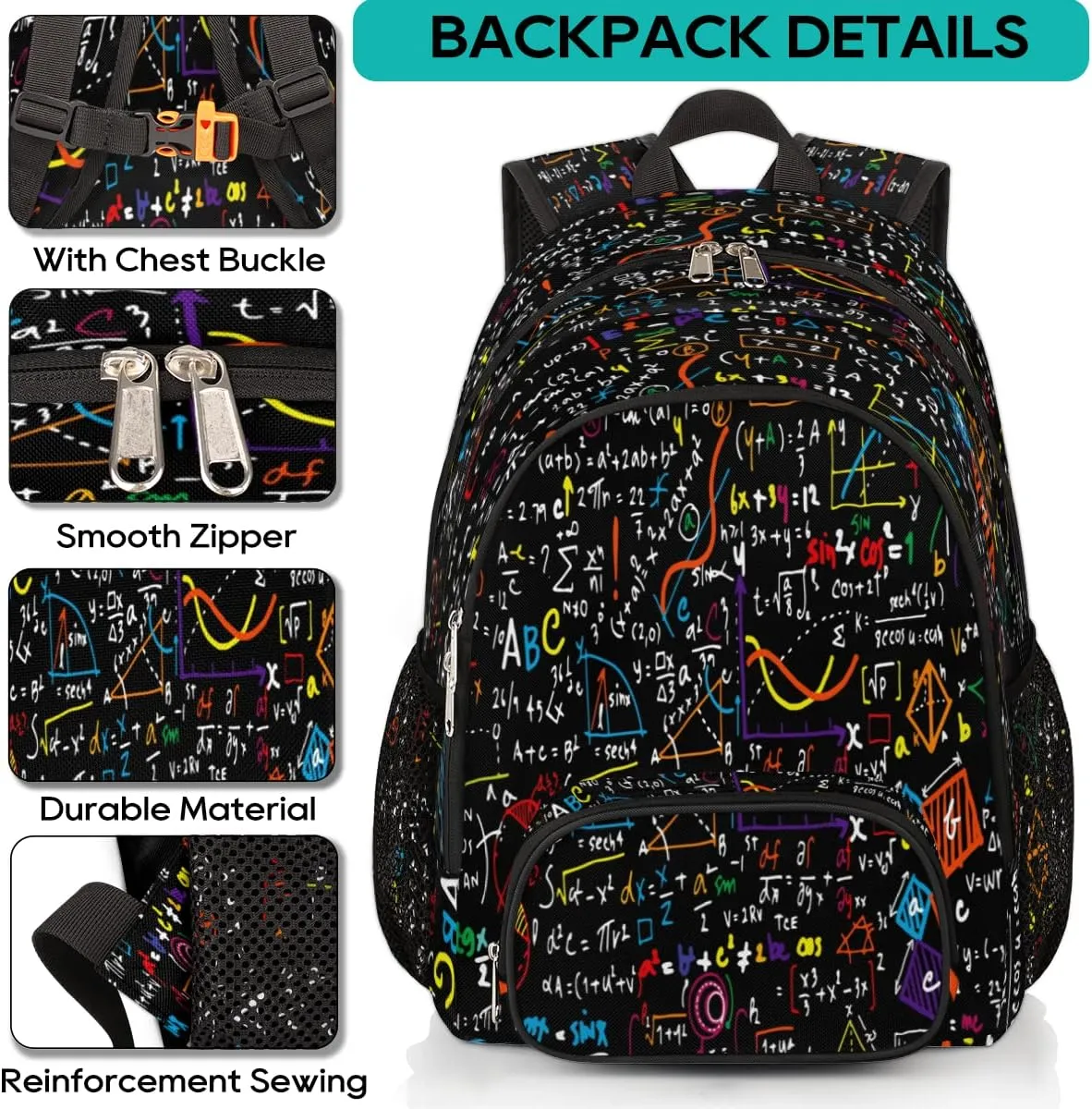 Elementary School Bags for Teens, Mathematical Formula Kids Backpacks Black Math Lightweight Bookbags Waterproof Sturdy Schoolbag Daypack for Girls Boys