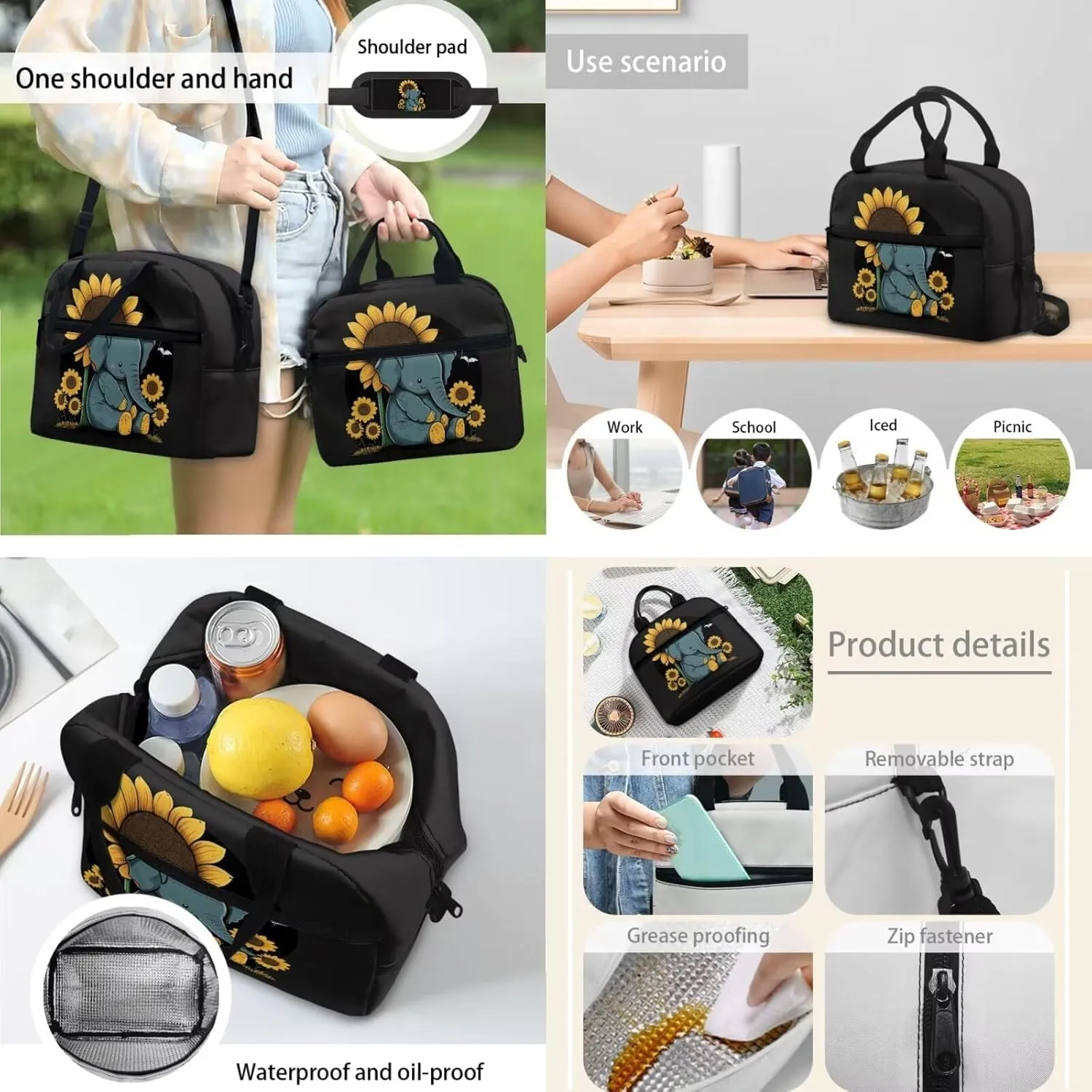 Elephants Backpacks for Kids 3rd to 5th Grade Sunflowers Print Waterproof Lunch Tote Bag for Girls Multi-Pockets School Bag for Girl Small Pencil Case Back to School Gifts for Kid