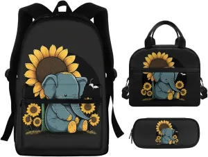 Elephants Backpacks for Kids 3rd to 5th Grade Sunflowers Print Waterproof Lunch Tote Bag for Girls Multi-Pockets School Bag for Girl Small Pencil Case Back to School Gifts for Kid