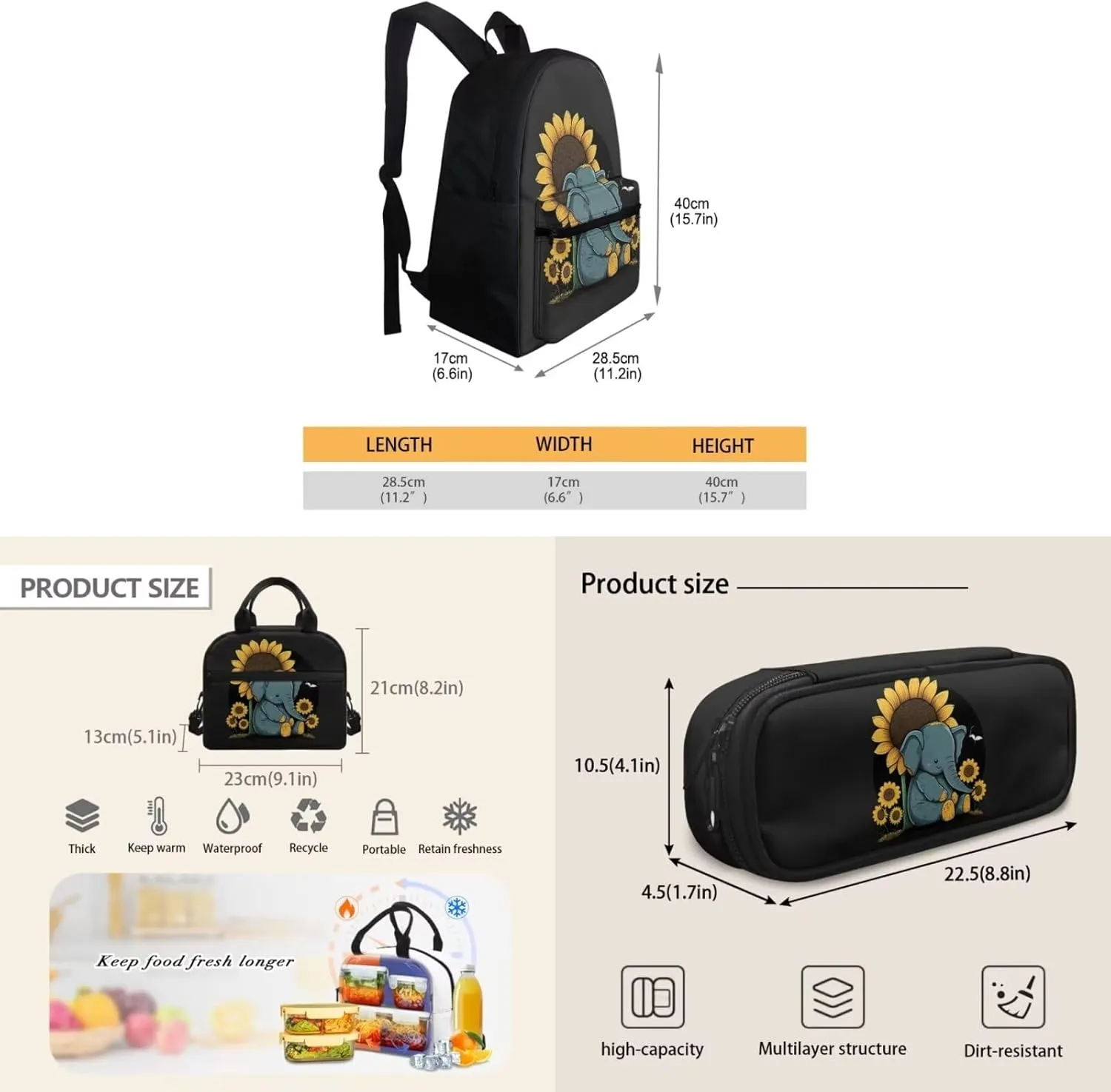 Elephants Backpacks for Kids 3rd to 5th Grade Sunflowers Print Waterproof Lunch Tote Bag for Girls Multi-Pockets School Bag for Girl Small Pencil Case Back to School Gifts for Kid