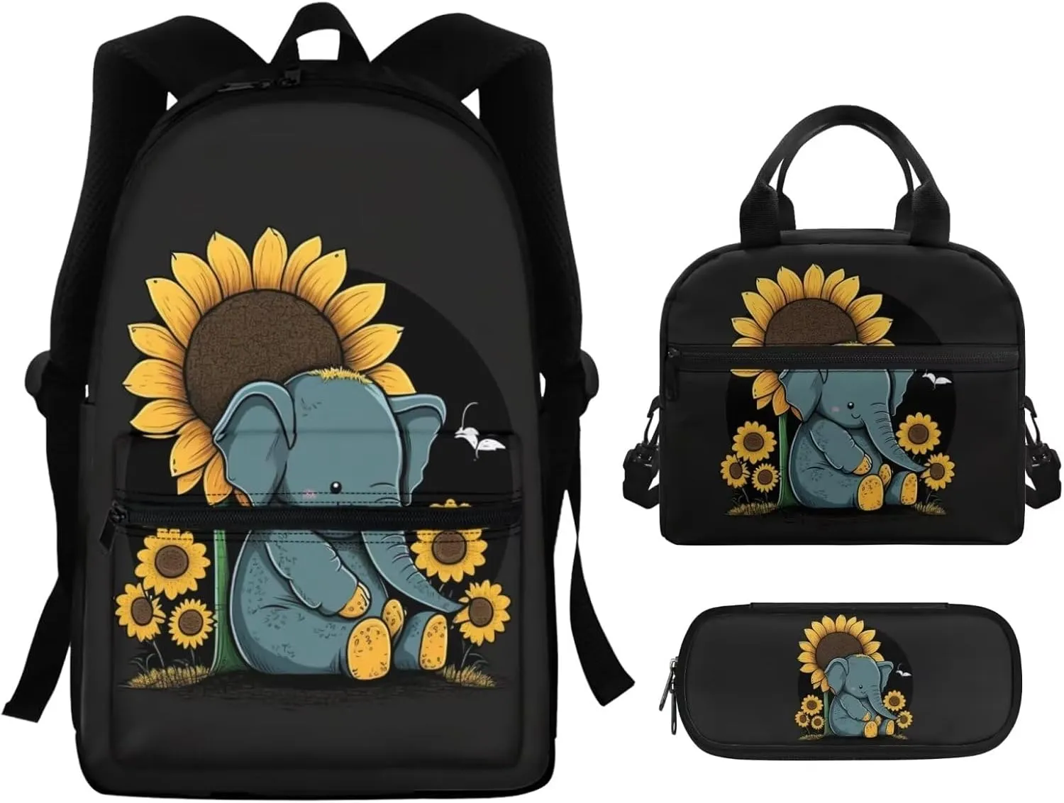 Elephants Backpacks for Kids 3rd to 5th Grade Sunflowers Print Waterproof Lunch Tote Bag for Girls Multi-Pockets School Bag for Girl Small Pencil Case Back to School Gifts for Kid