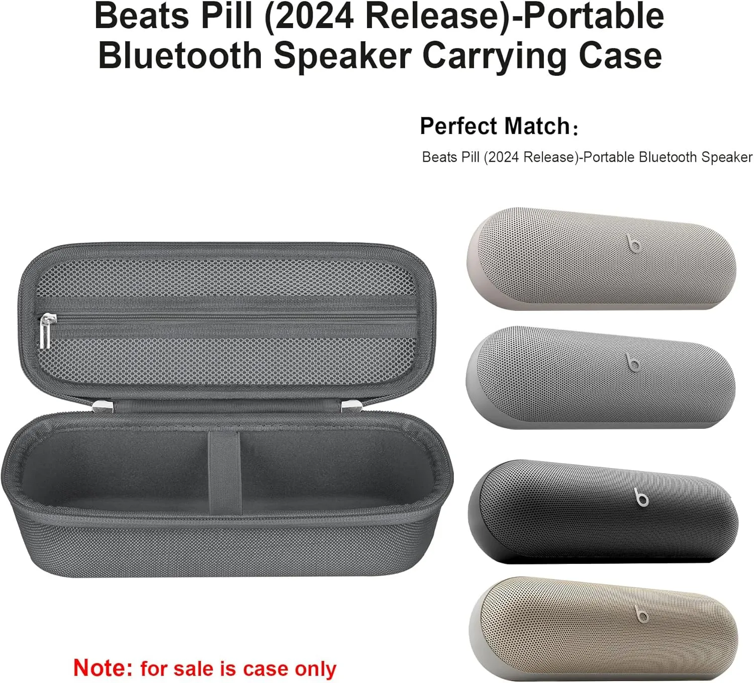 Elonbo Carrying Case ​for Beats Pill (2024 Release)-Portable Bluetooth Speaker, Beats Pill Speaker Travel Bag Storage Holder, Mesh Pocket Fits Charger, Gray