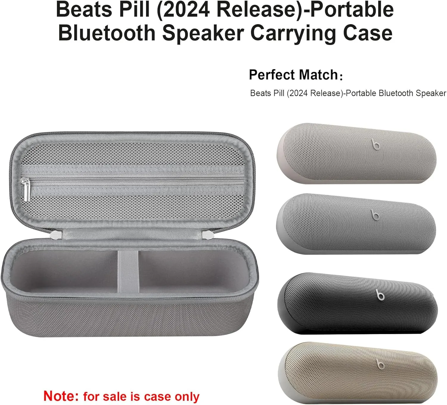 Elonbo Carrying Case ​for Beats Pill (2024 Release)-Portable Bluetooth Speaker, Beats Pill Speaker Travel Bag Storage Holder, Mesh Pocket Fits Charger, Light Gray