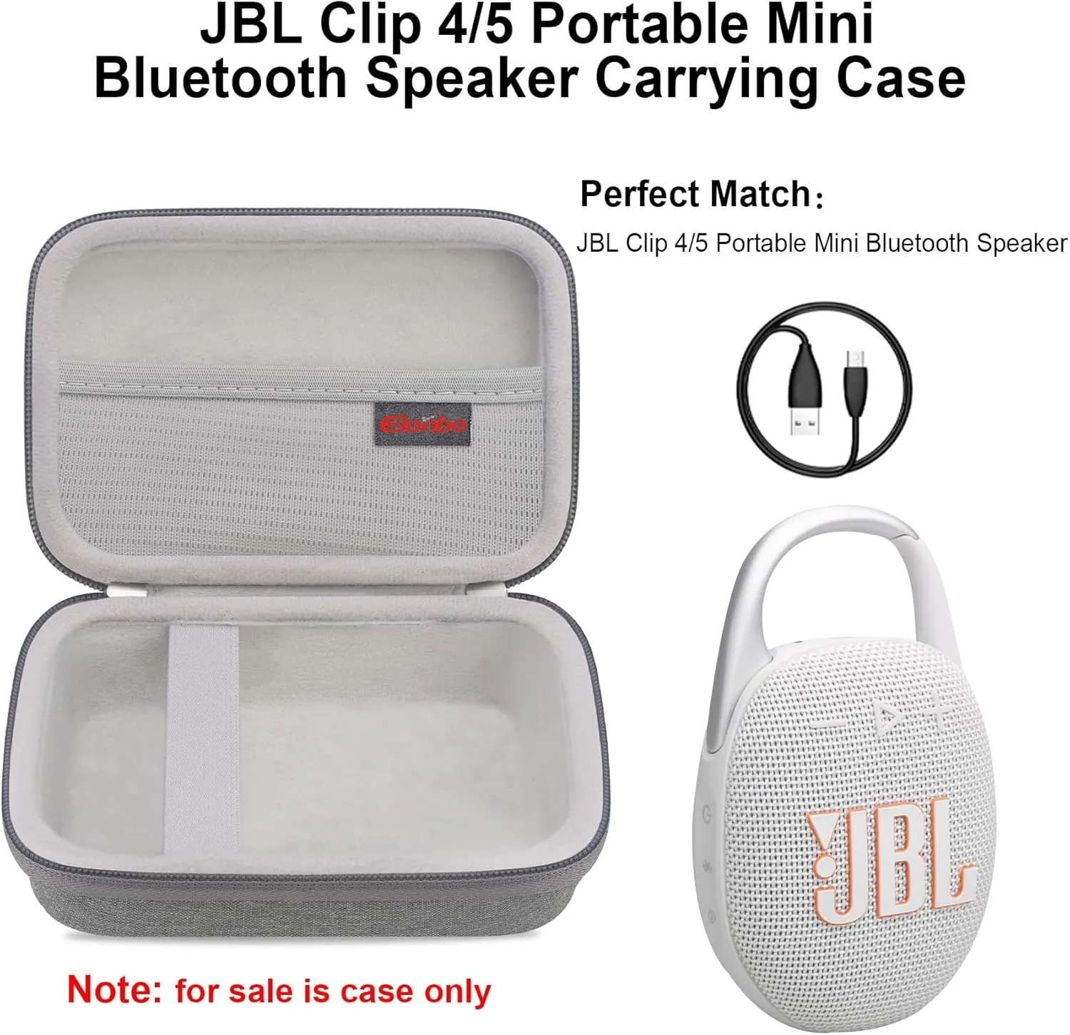 Elonbo Carrying Case ​for JBL Clip 4/5 Portable Mini Waterproof Dustproof Bluetooth Speaker, JBL Clip Speaker Travel Bag Storage Holder, Mesh Pocket Fits Charger, Grey