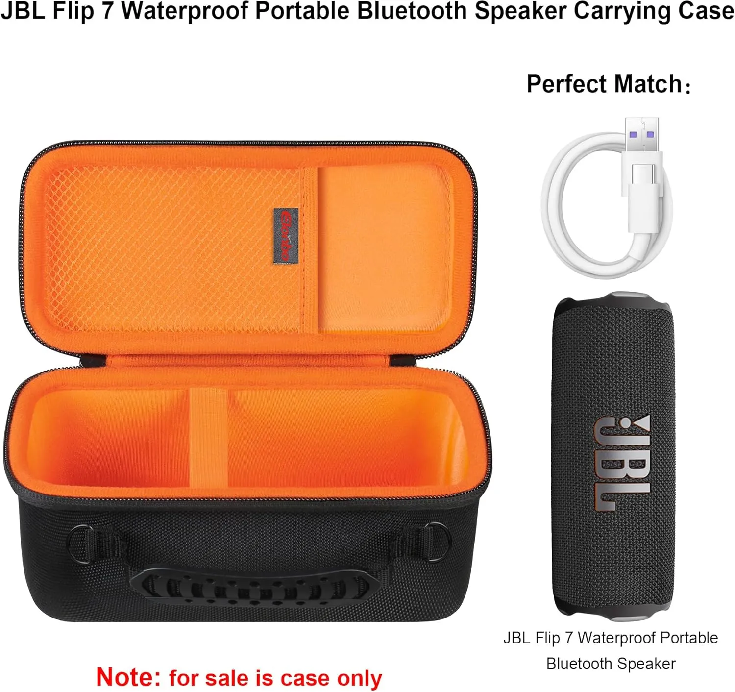 Elonbo Carrying Case ​for JBL Flip 7/6/ 5 Waterproof Portable Bluetooth Speaker, JBL Flip Speaker Hard Travel Bag Storage Holder, Mesh Pocket Fits Charger, Black Orange