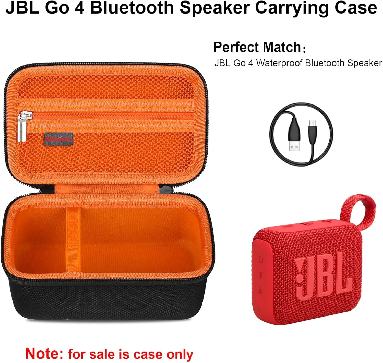 Elonbo Carrying Case ​for JBL Go 3 / JBL Go 4 Portable Bluetooth Speaker, Waterproof Dustproof Speaker Storage Holder,Wireless Compact Speaker Travel Protective Bag,Mesh Pocket Fit Cable,Black Orange