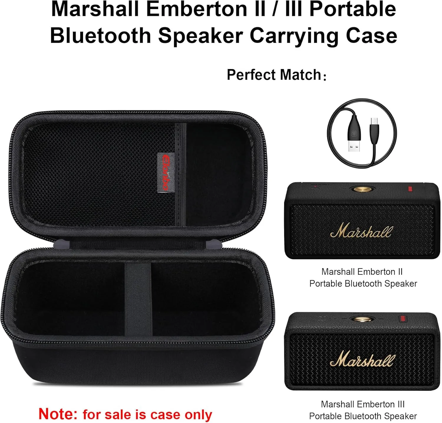 Elonbo Carrying Case ​for Marshall Emberton II/III Portable Bluetooth Speaker, Marshall Emberton 2/3 Speaker Travel Bag Storage Holder, Mesh Pocket Fits Charger, Black inside Black