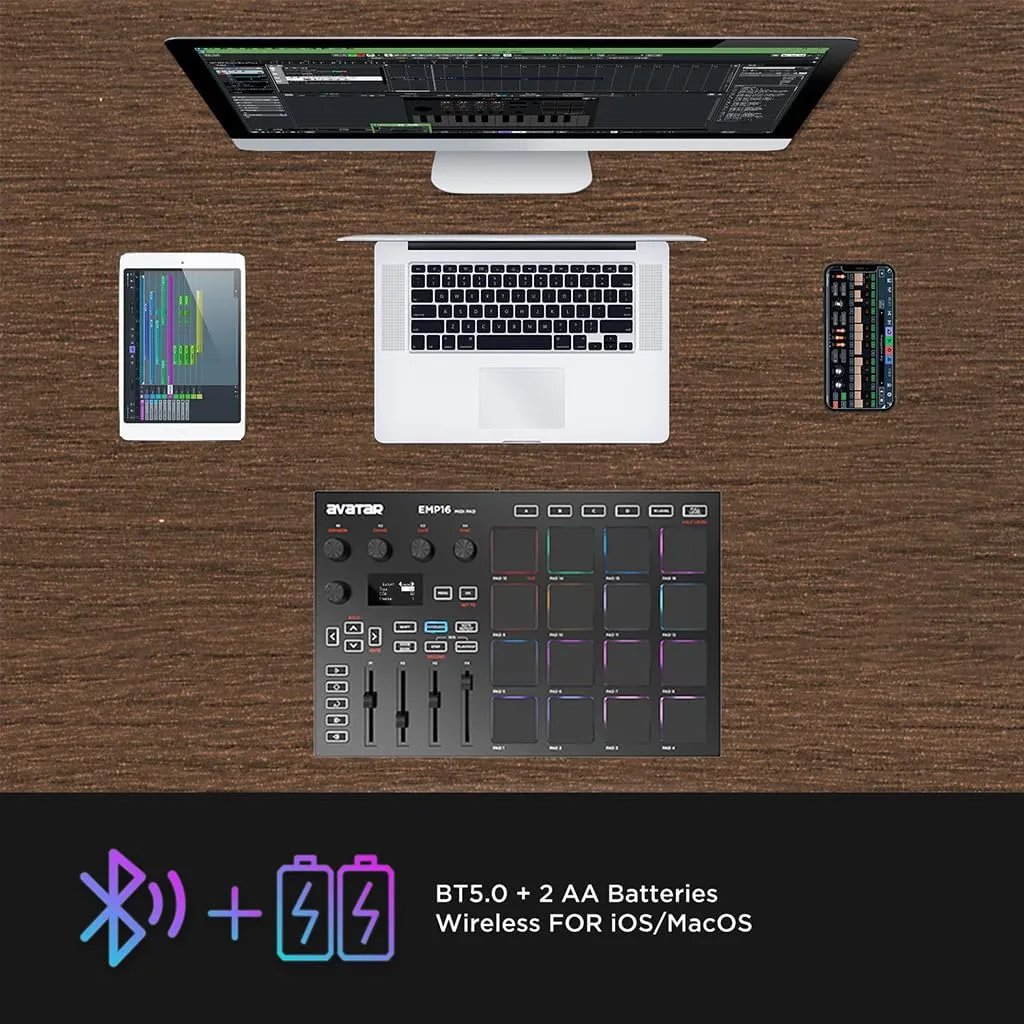 EMP16 MIDI Pad Controller Beat Maker Machine With Bluetooth, 16 RGB Velocity Sensitive Beat Pads, 16 Level, Full/Half Level, OLED Display, MIDI In/Out