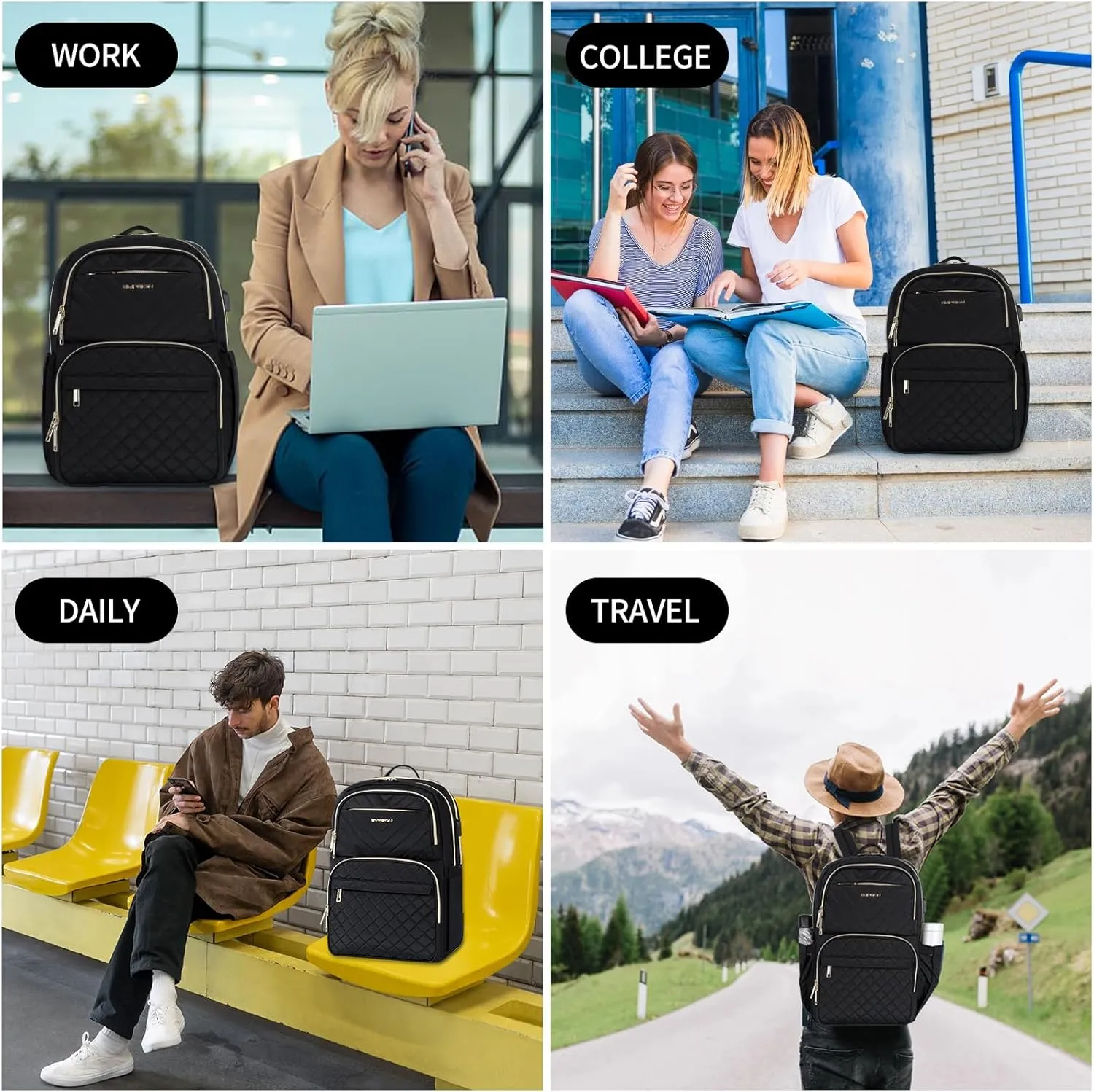 EMPSIGN Laptop Backpack Purse for Women and Men with USB Charging Port, 15.6 Inch Travel Water Resistant Quilted Backpack, High-Capacity 30L Work Business Computer Backpack, Black