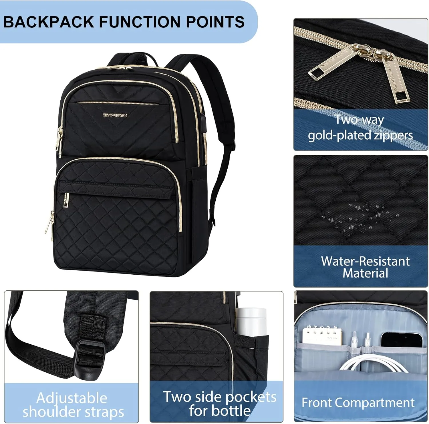 EMPSIGN Laptop Backpack Purse for Women and Men with USB Charging Port, 15.6 Inch Travel Water Resistant Quilted Backpack, High-Capacity 30L Work Business Computer Backpack, Black