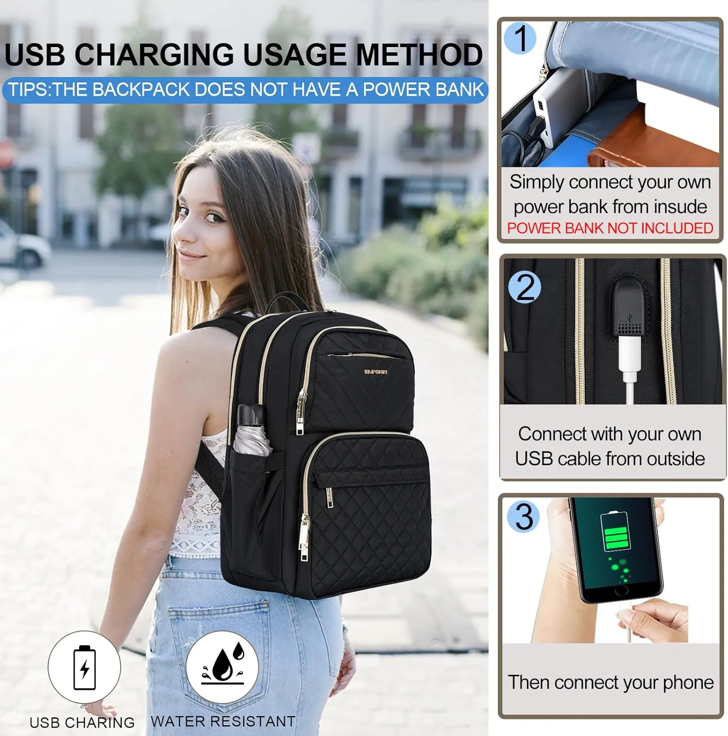 EMPSIGN Laptop Backpack Purse for Women and Men with USB Charging Port, 15.6 Inch Travel Water Resistant Quilted Backpack, High-Capacity 30L Work Business Computer Backpack, Black