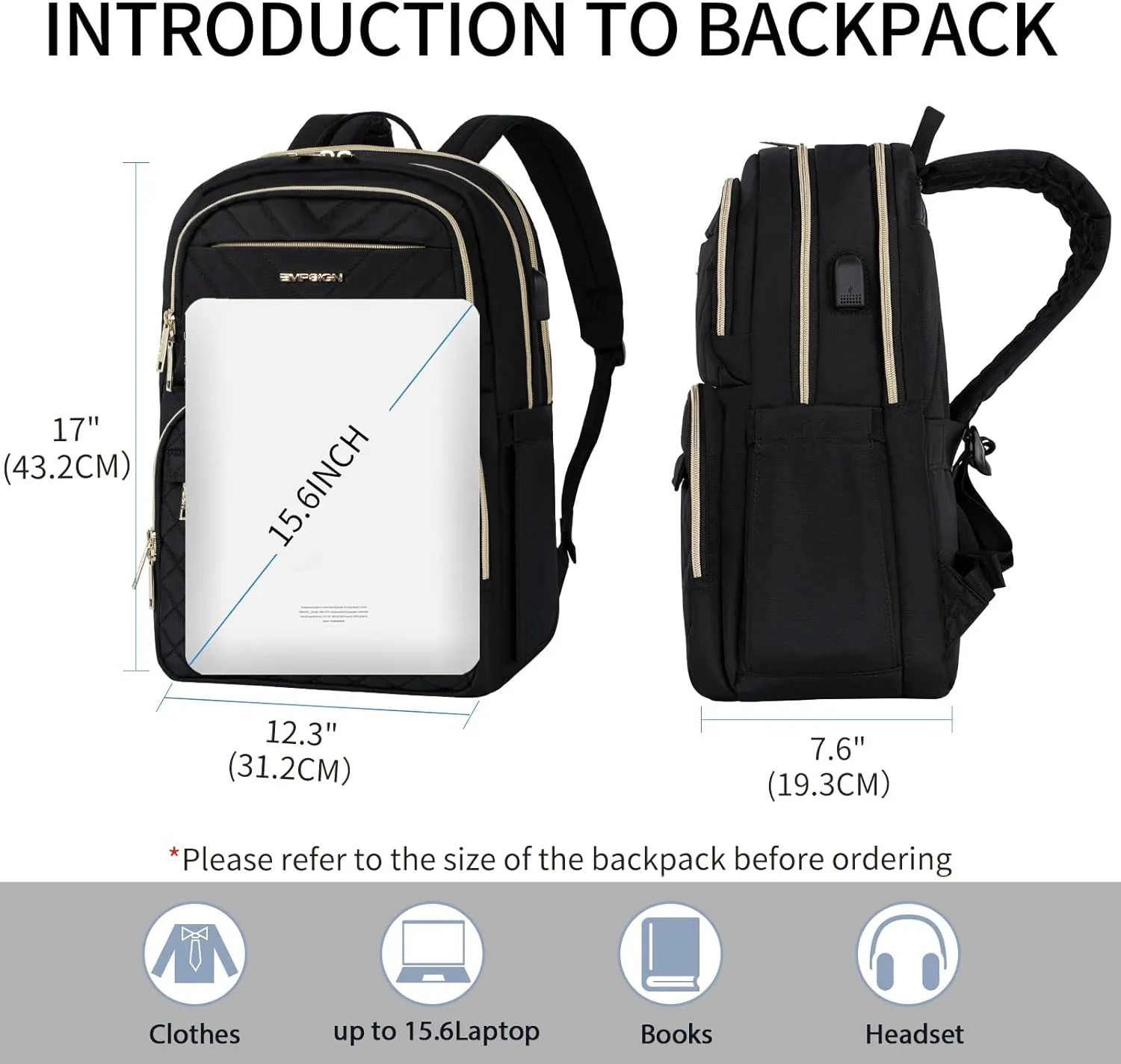 EMPSIGN Laptop Backpack Purse for Women and Men with USB Charging Port, 15.6 Inch Travel Water Resistant Quilted Backpack, High-Capacity 30L Work Business Computer Backpack, Black