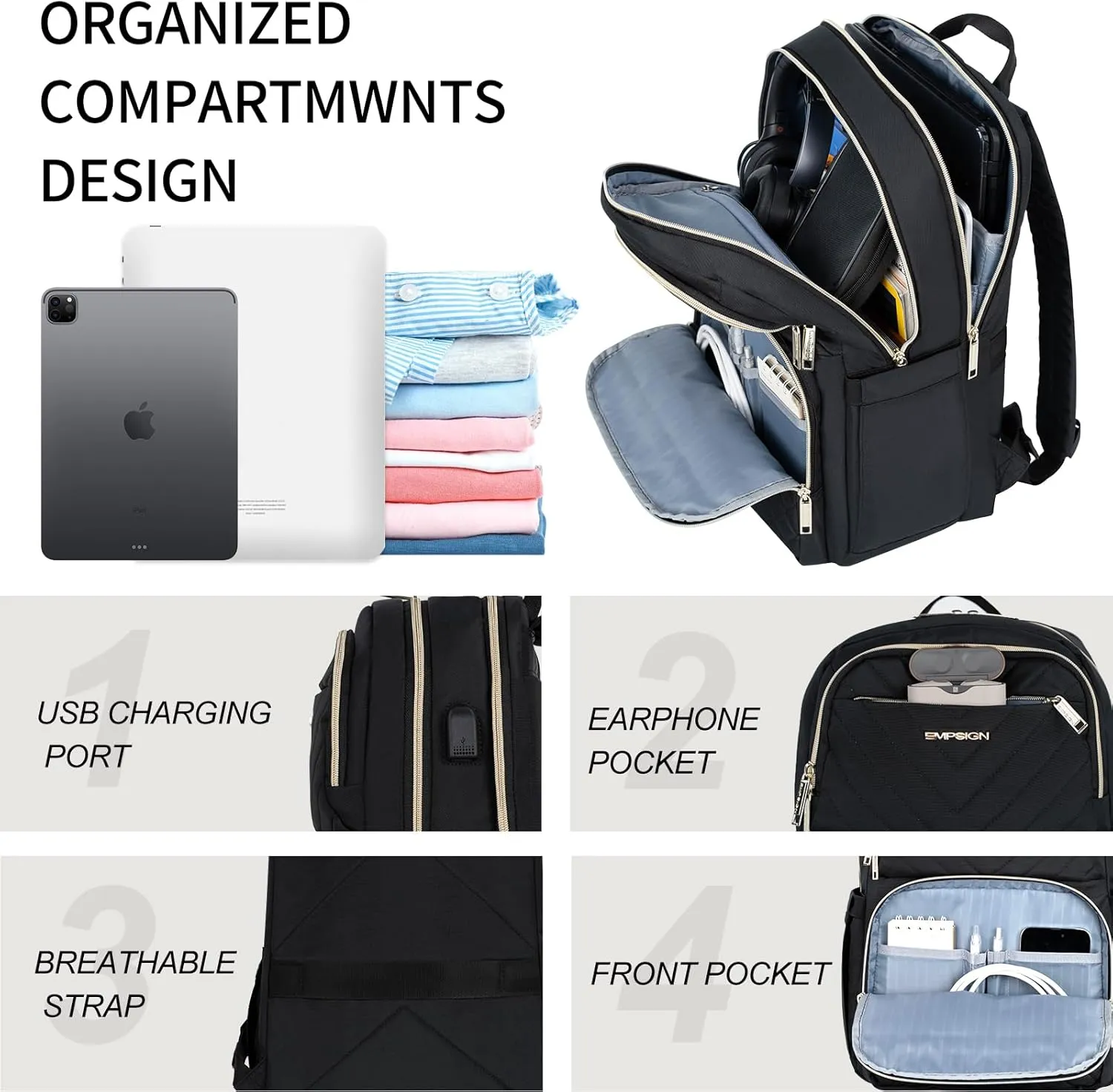 EMPSIGN Laptop Backpack Purse for Women and Men with USB Charging Port, 15.6 Inch Travel Water Resistant Quilted Backpack, High-Capacity 30L Work Business Computer Backpack, Black