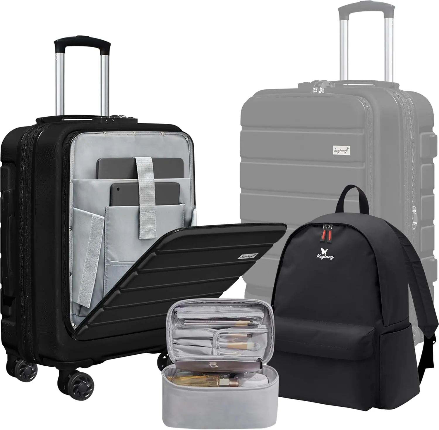 Explorer 20 inch Carry-On Luggage Set with TSA Lock, Lightweight Hardside Suitcase with Spinner Wheels, Expandable Checked Luggage with Front Pocket, Bonus Travel Backpack & Cosmetic Makeup Bag, Black