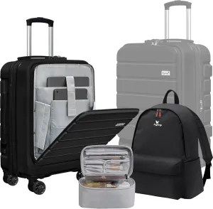Explorer 20 inch Carry-On Luggage Set with TSA Lock, Lightweight Hardside Suitcase with Spinner Wheels, Expandable Checked Luggage with Front Pocket, Bonus Travel Backpack & Cosmetic Makeup Bag, Black