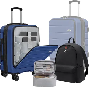 Explorer 20 inch Carry-On Luggage Set with TSA Lock, Lightweight Hardside Suitcase with Spinner Wheels, Expandable Checked Luggage with Front Pocket, Bonus Travel Backpack & Makeup Bag, Navy Blue
