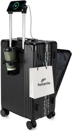 feilario 20in Aluminium Frame Hardside Expandable Spinner Wheel Luggage, Built-In TSA lock Carry on Suitcase, with Cup Holder & Phone Holder