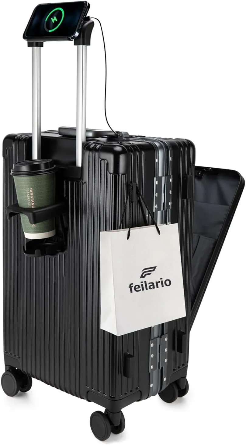 feilario 20in Aluminium Frame Hardside Expandable Spinner Wheel Luggage, Built-In TSA lock Carry on Suitcase, with Cup Holder & Phone Holder