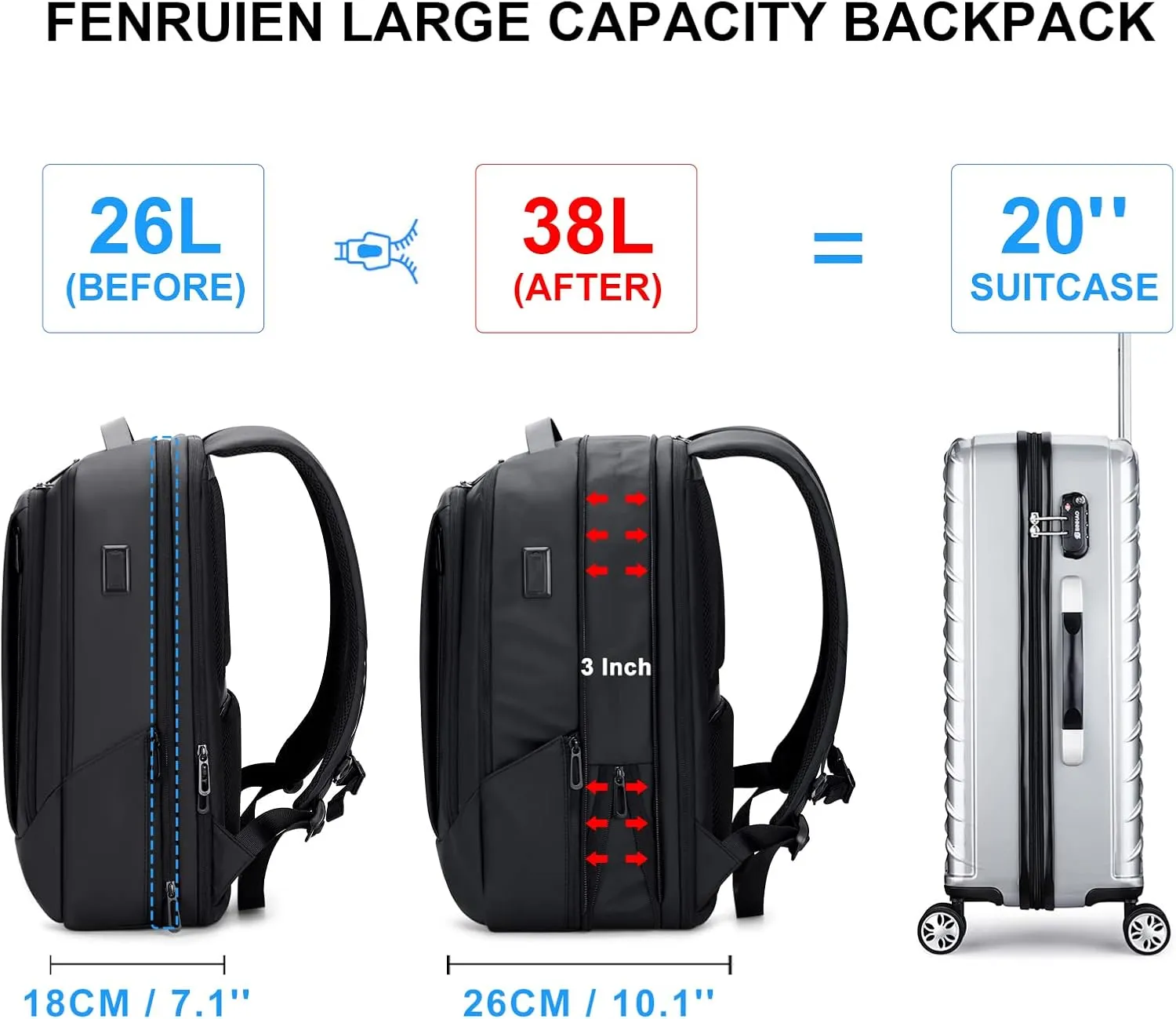 FENRUIEN Business Travel Backpack for Men, Expandable Water Resistant Computer Backpack with USB Port, Black Laptop Backpack 15.6 Inch for College/Work