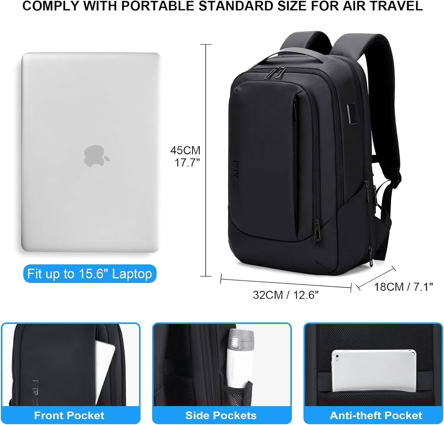 FENRUIEN Business Travel Backpack for Men, Expandable Water Resistant Computer Backpack with USB Port, Black Laptop Backpack 15.6 Inch for College/Work