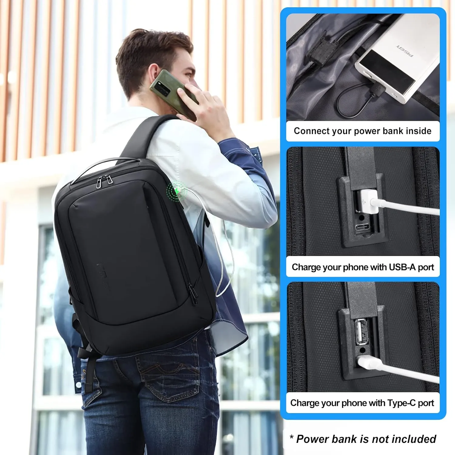 FENRUIEN Business Travel Backpack for Men, Expandable Water Resistant Computer Backpack with USB Port, Black Laptop Backpack 15.6 Inch for College/Work
