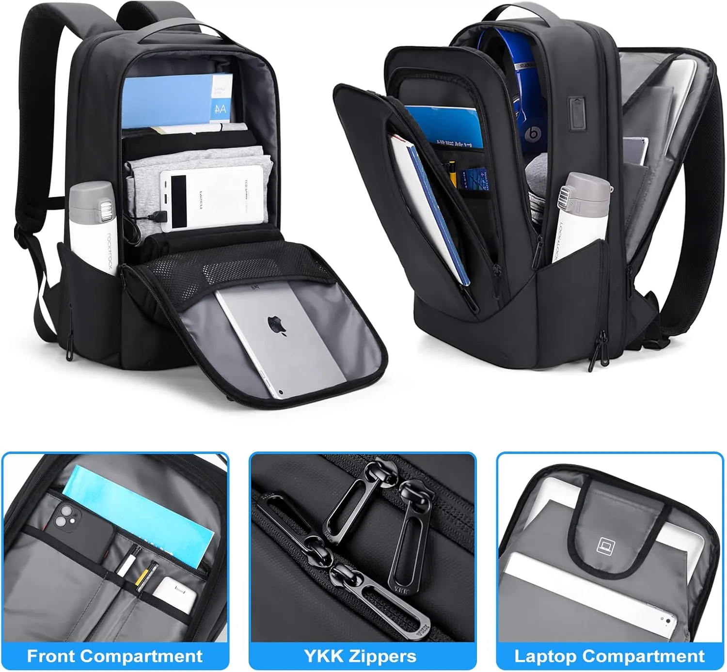FENRUIEN Business Travel Backpack for Men, Expandable Water Resistant Computer Backpack with USB Port, Black Laptop Backpack 15.6 Inch for College/Work