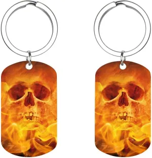 Fire Flaming Skull Decorative Metal Keychain Rectangle Key Chain with Ring Creative Bag Accessories Gifts 1PCS