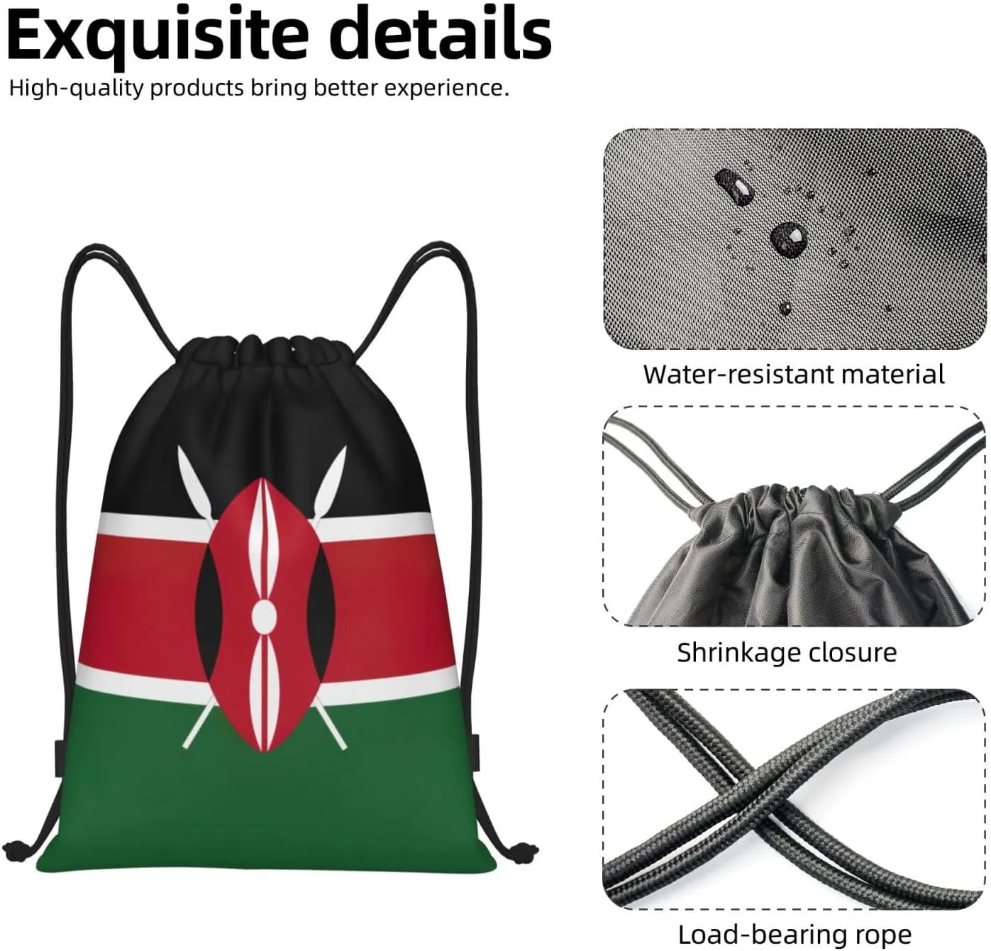 Flag Of Kenya Stylish Drawstring Backpacks Cinch Bags, Gym Cinch Bag Polyester String Bag For Men Women
