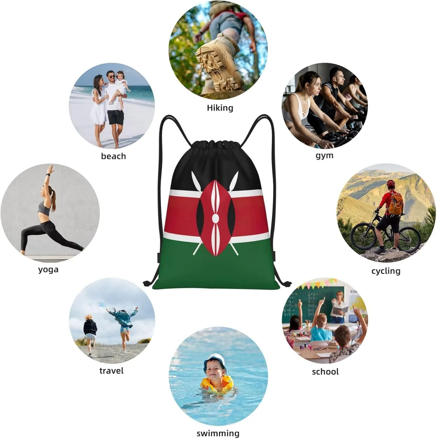 Flag Of Kenya Stylish Drawstring Backpacks Cinch Bags, Gym Cinch Bag Polyester String Bag For Men Women