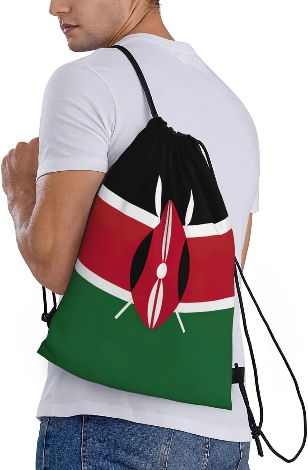 Flag Of Kenya Stylish Drawstring Backpacks Cinch Bags, Gym Cinch Bag Polyester String Bag For Men Women