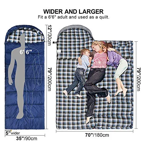 Flannel Sleeping Bag  w/ Detachable Hood for Adults,Cotton Sleeping Bags