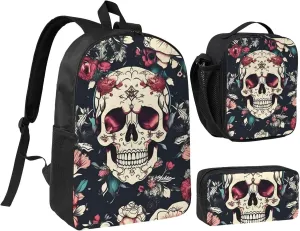 Flowers Skull Ornamental Pattern print Backpacks With Lunch Pack Pencil Case 3pcs, Lightweight Bookbag Unisex for Traveling
