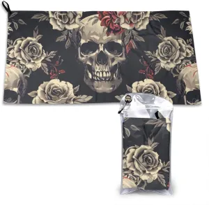 Flowers Skull Ornamental Pattern Printed Microfiber Towels with Bag and Carabiner, Quick Dry Absorbent Hand Face Towels for Gym Beach Swim Pool Travel Yoga Spa, 31.5"x16"
