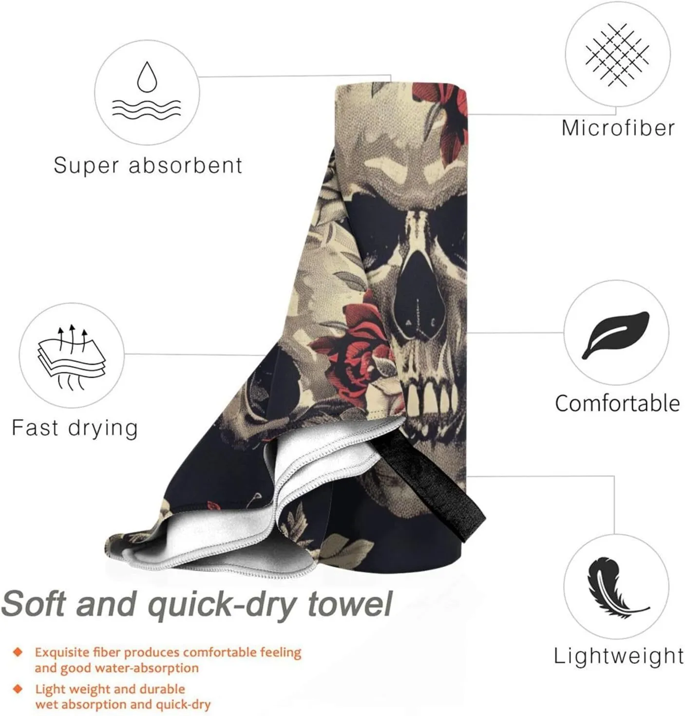 Flowers Skull Ornamental Pattern Printed Microfiber Towels with Bag and Carabiner, Quick Dry Absorbent Hand Face Towels for Gym Beach Swim Pool Travel Yoga Spa, 31.5"x16"
