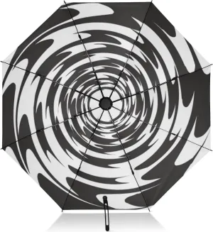 Folding Umbrella Compact Black and White Spiral Travel Umbrella Automatic Open Close Magical Tunnel Inverted Umbrella for Rain Windproof Sun Umbrella UV Protection Large Portable Reverse Umbrella fo