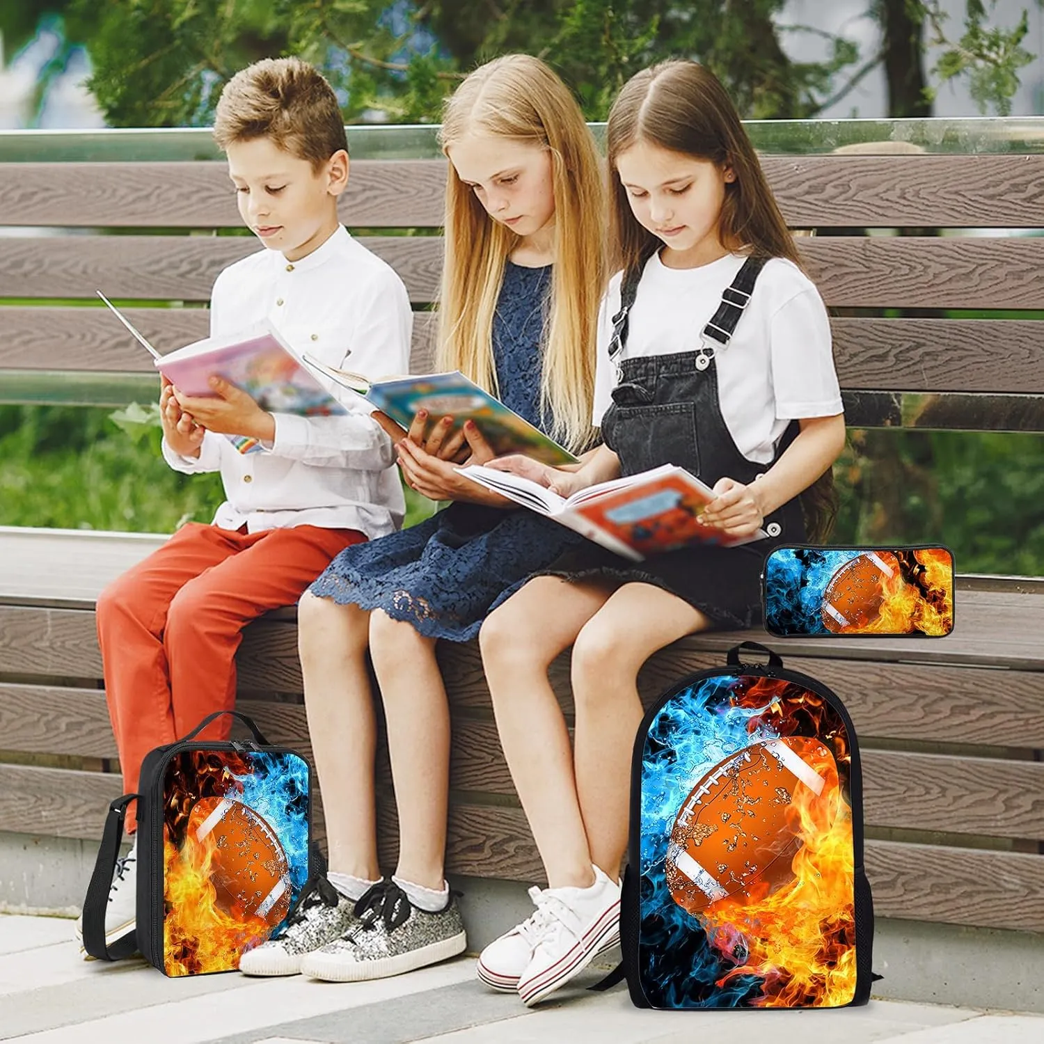 Football Backpack Set for School,17 Inch Casual School Bags with Lunch Box, Kids Daypack Bags and Pencil Case Set for Teens Boys Men Students