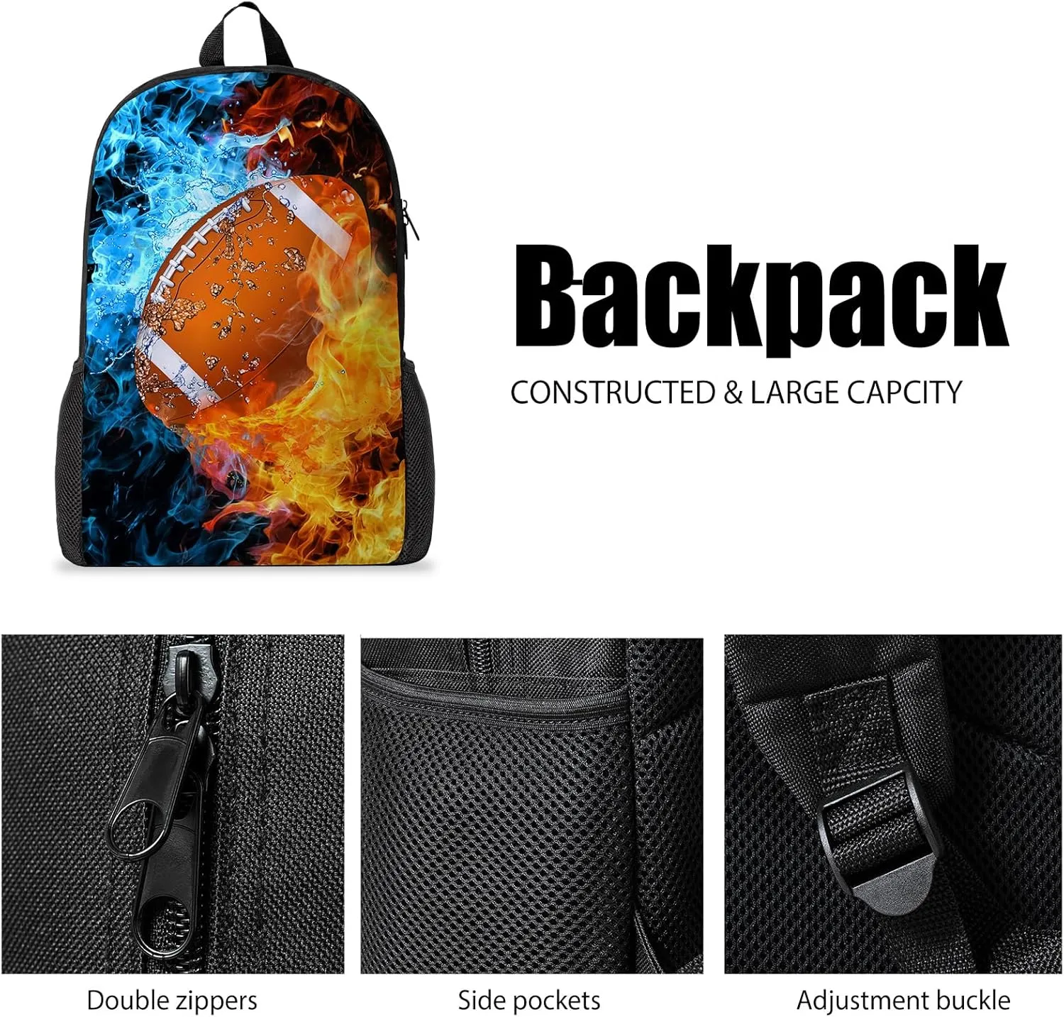 Football Backpack Set for School,17 Inch Casual School Bags with Lunch Box, Kids Daypack Bags and Pencil Case Set for Teens Boys Men Students