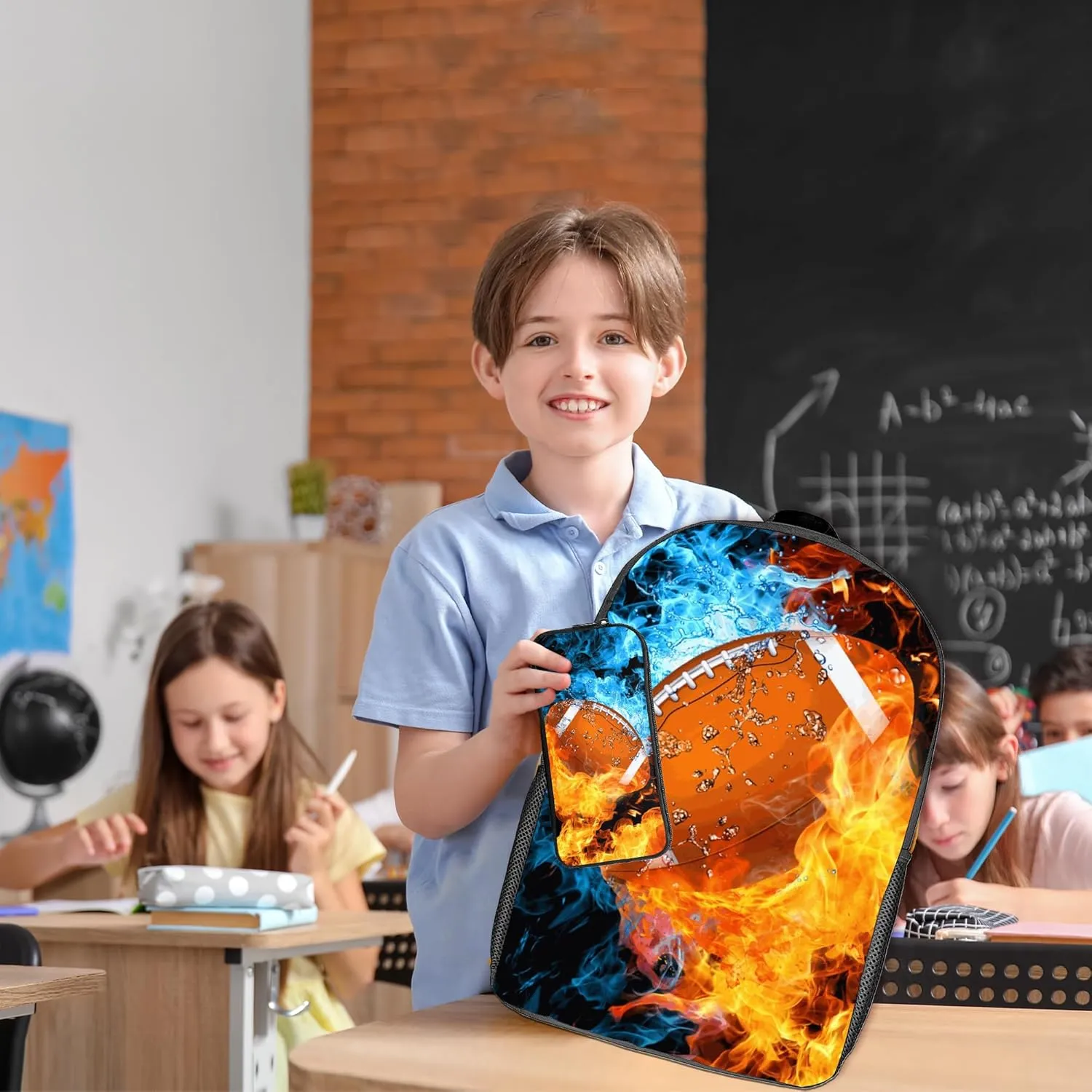 Football Backpack Set for School,17 Inch Casual School Bags with Lunch Box, Kids Daypack Bags and Pencil Case Set for Teens Boys Men Students