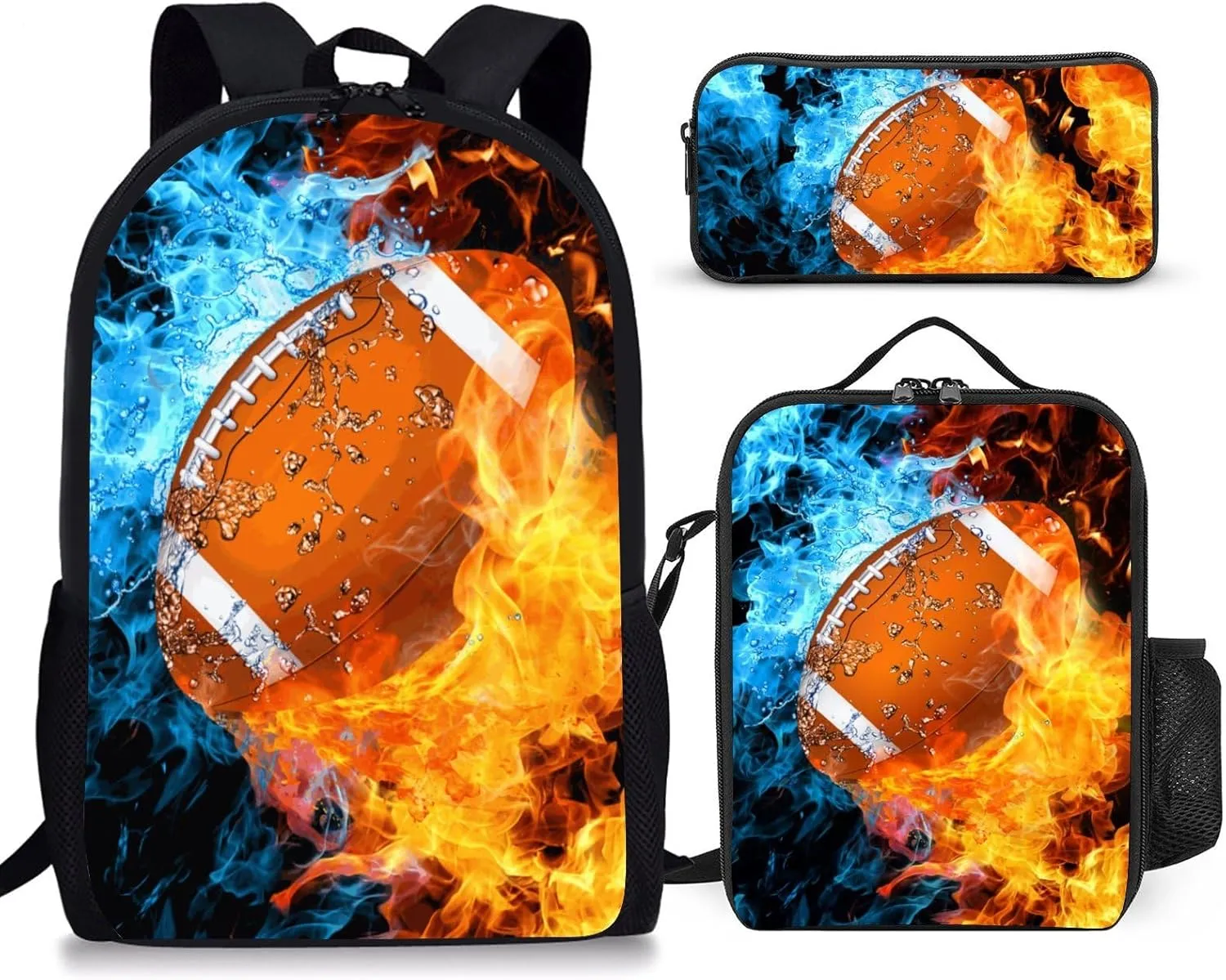 Football Backpack Set for School,17 Inch Casual School Bags with Lunch Box, Kids Daypack Bags and Pencil Case Set for Teens Boys Men Students