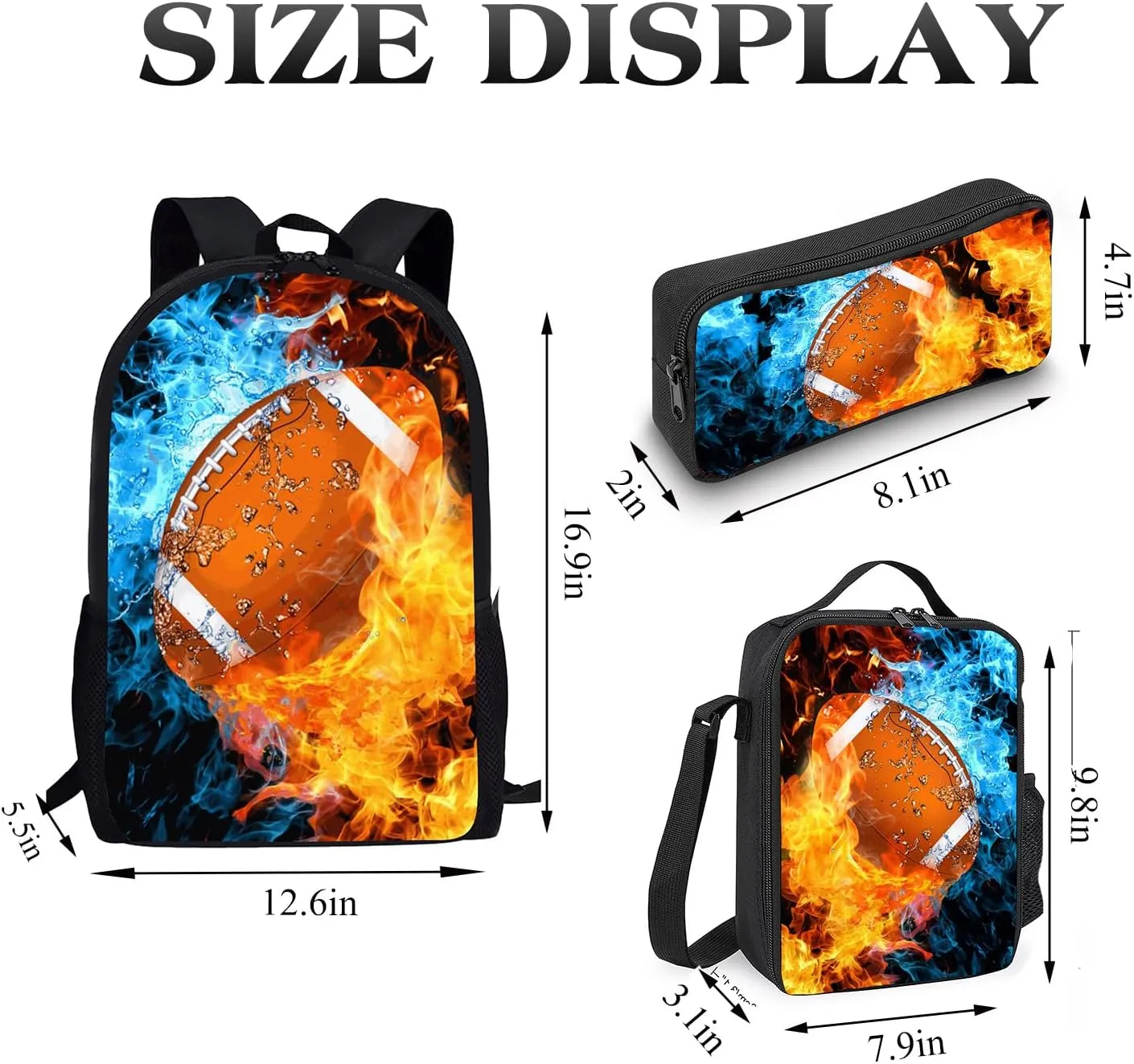 Football Backpack Set for School,17 Inch Casual School Bags with Lunch Box, Kids Daypack Bags and Pencil Case Set for Teens Boys Men Students