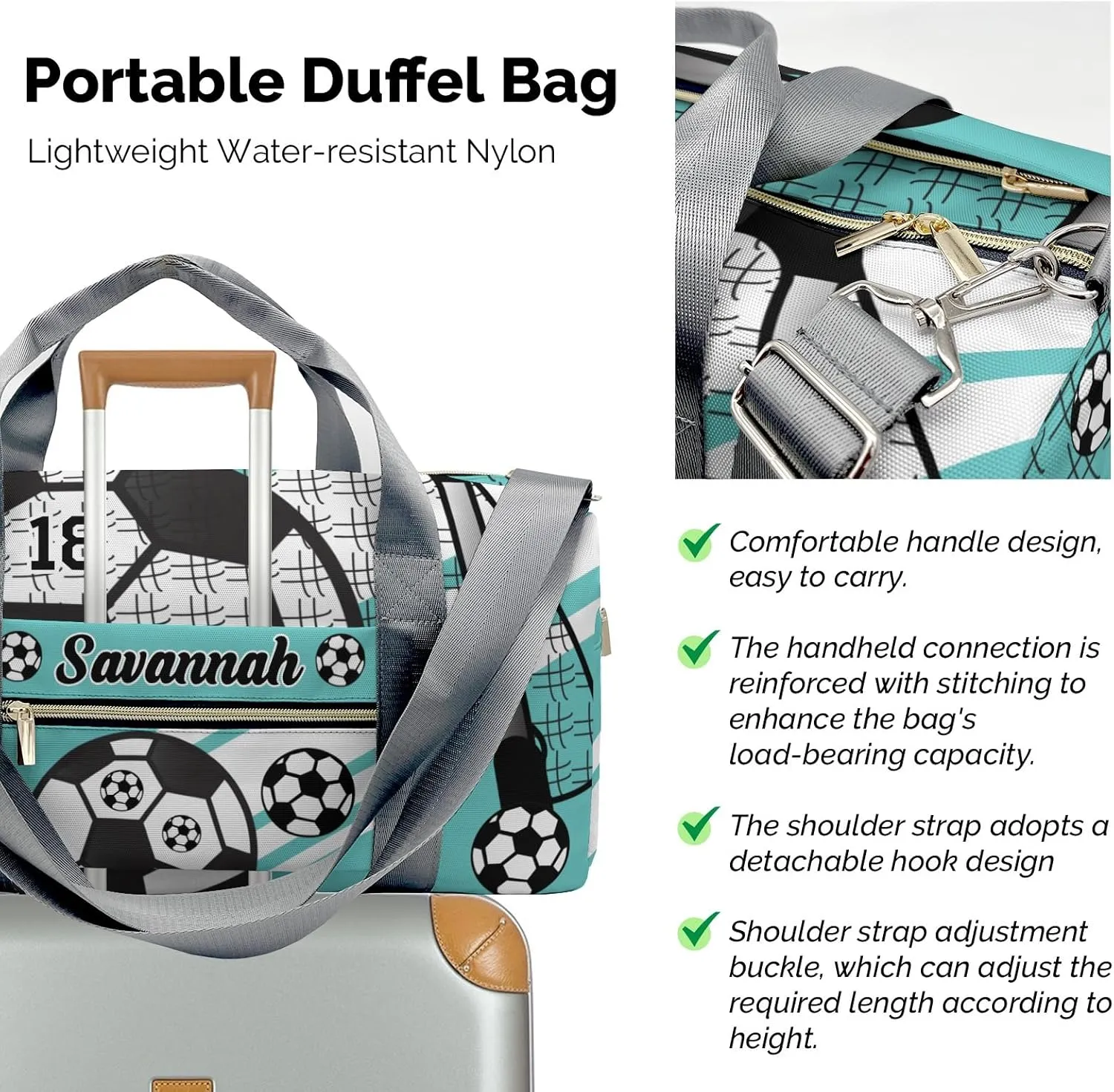 Football Soccer Ball Number Teal Personalized Gym Dance Bag for Girls Boys,Custom Name Sport Duffel Bag Weekender Bags Carry On Travel Duffel Bag