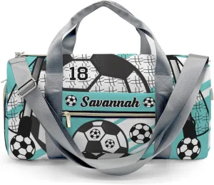 Football Soccer Ball Number Teal Personalized Gym Dance Bag for Girls Boys,Custom Name Sport Duffel Bag Weekender Bags Carry On Travel Duffel Bag