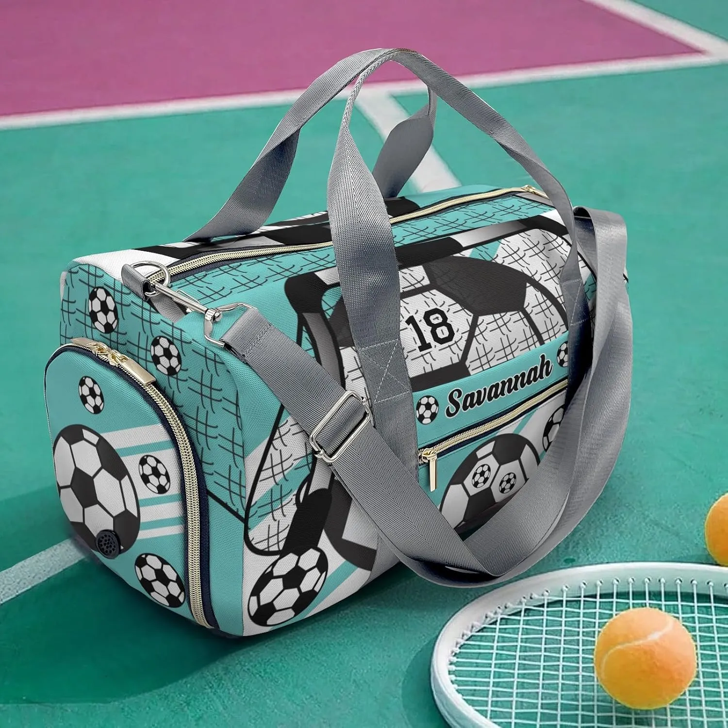 Football Soccer Ball Number Teal Personalized Gym Dance Bag for Girls Boys,Custom Name Sport Duffel Bag Weekender Bags Carry On Travel Duffel Bag