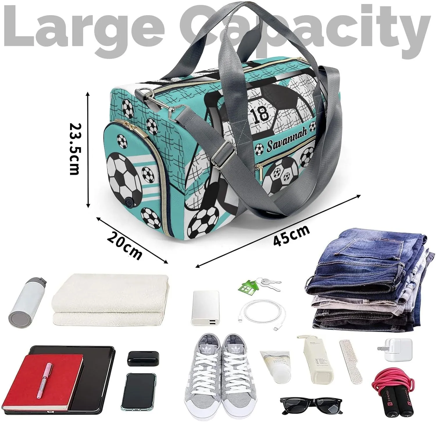 Football Soccer Ball Number Teal Personalized Gym Dance Bag for Girls Boys,Custom Name Sport Duffel Bag Weekender Bags Carry On Travel Duffel Bag
