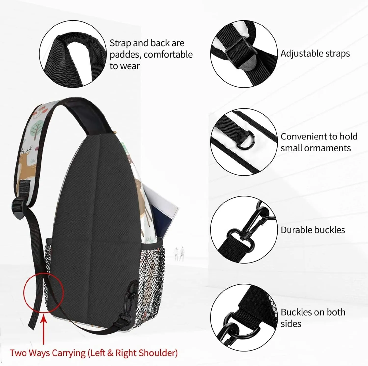 Fox Deer Bear Sling Bag for Women Crossbody Sling Backpack Men Casual Daypack Backpacks Gym Cycling Travel Hiking