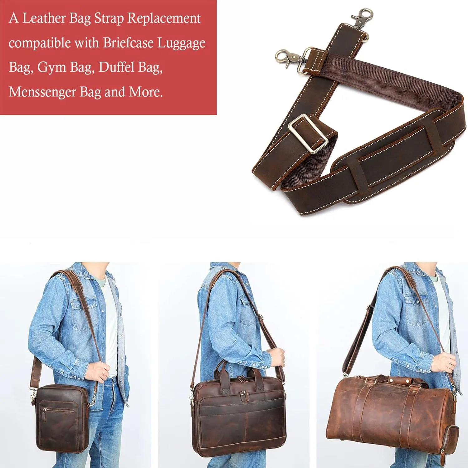 Full Grain Leather Bag Strap Replacement - Adjustable Shoulder Strap for Messenger Briefcase Duffle Crossbody Bags